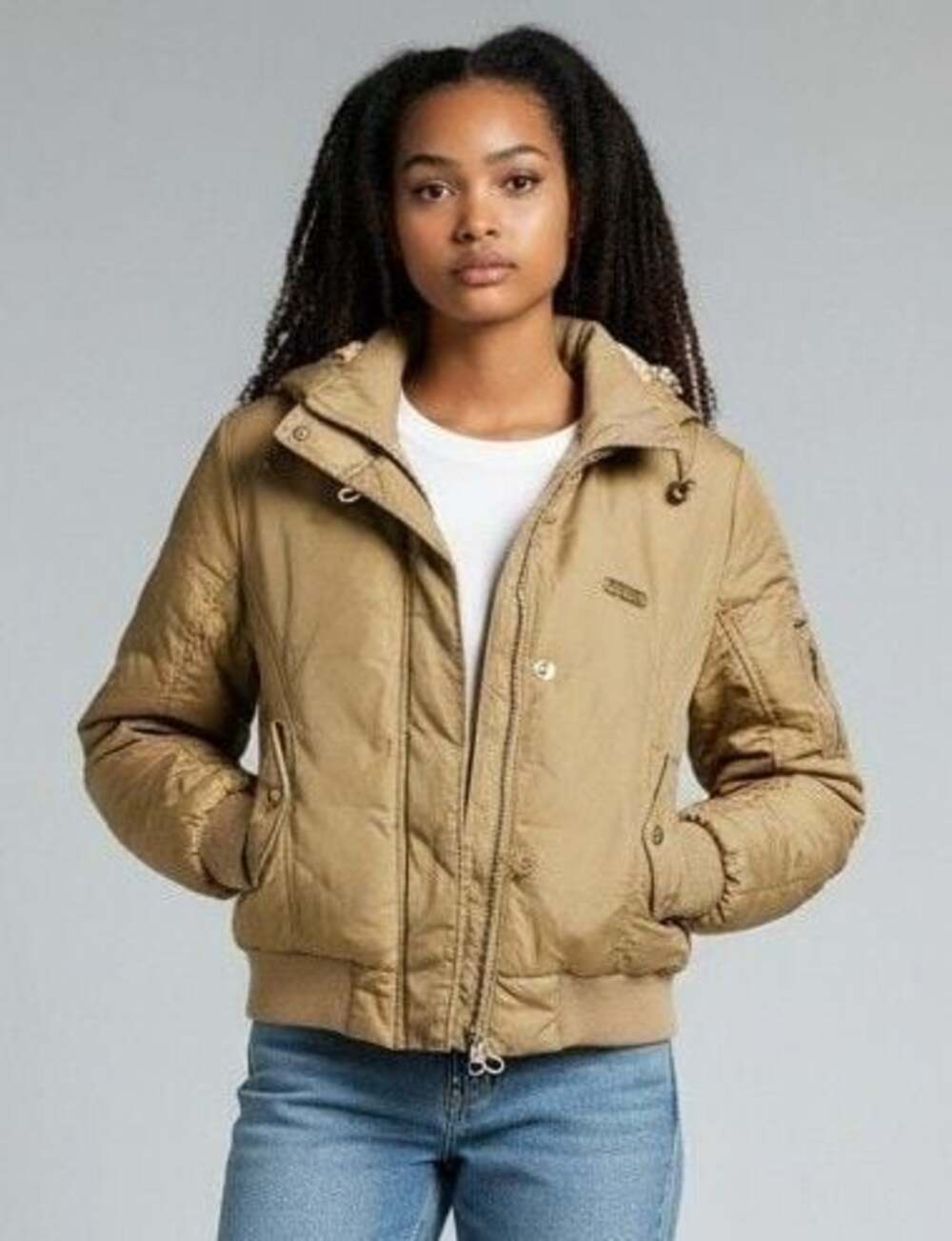 Vintage Apple Bottoms Tan Bomber Jacket with Hood and Rhinestone Logo